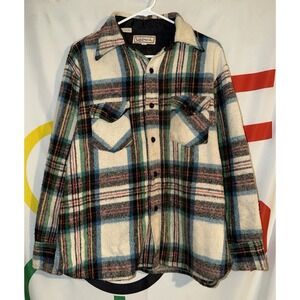 Vintage Landmark Wool Linen Blend Flannel Shirt Large Plaid 70s 80s CPO Anchor